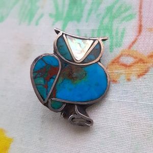 Old Pawn Owl Brooch Turquoise MOP